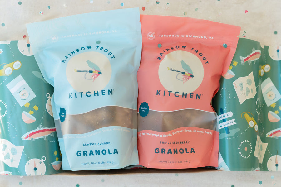 Classic Almond and Triple Seed Berry granola bags in adventure gift wrap